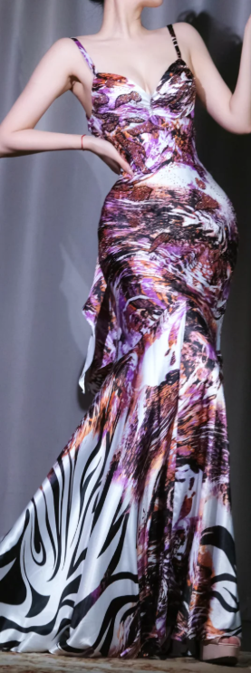 ✨Girlhomeshops-Abstract Print Satin Mermaid Evening Dress, Sweetheart Deep V Backless Ruffle Formal Gown gh9934