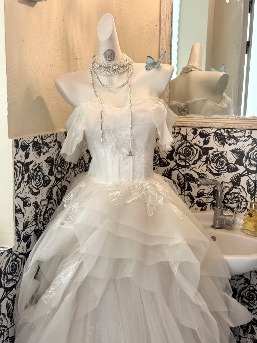 White Off-Shoulder Waist-Cinched Fluffy Skirt Long Elegant Romantic Dress, Wedding Gown gh7497