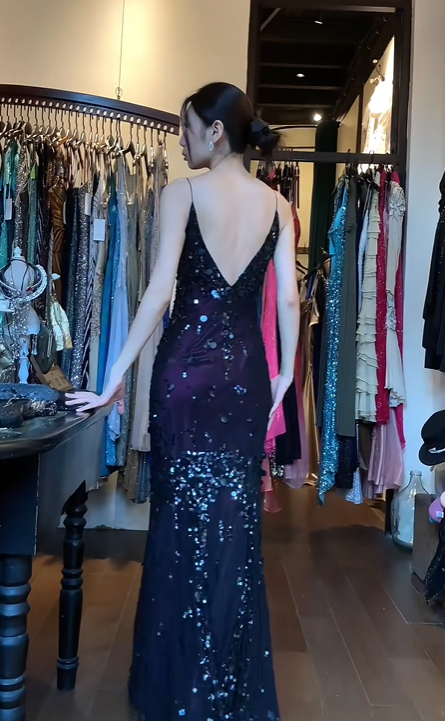 Spaghetti Straps V Neck Black Purple Ombre Evening Gown Hand Sequins Beaded Mermaid Long Prom Dress gh9694