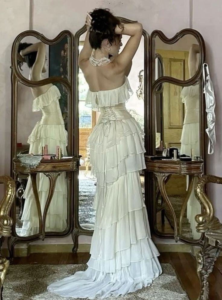 Robe de soirée blanche vintage en mousseline de soie, coupe trapèze, épaules dénudées, longue, à volants, robe de bal, gh3658