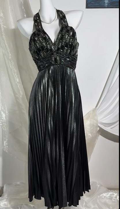 Sexy Vintage Black Gray Spaghetti Strap Prom & Evening Party Dress, Beaded Details, High Waist Silhouette gh8568