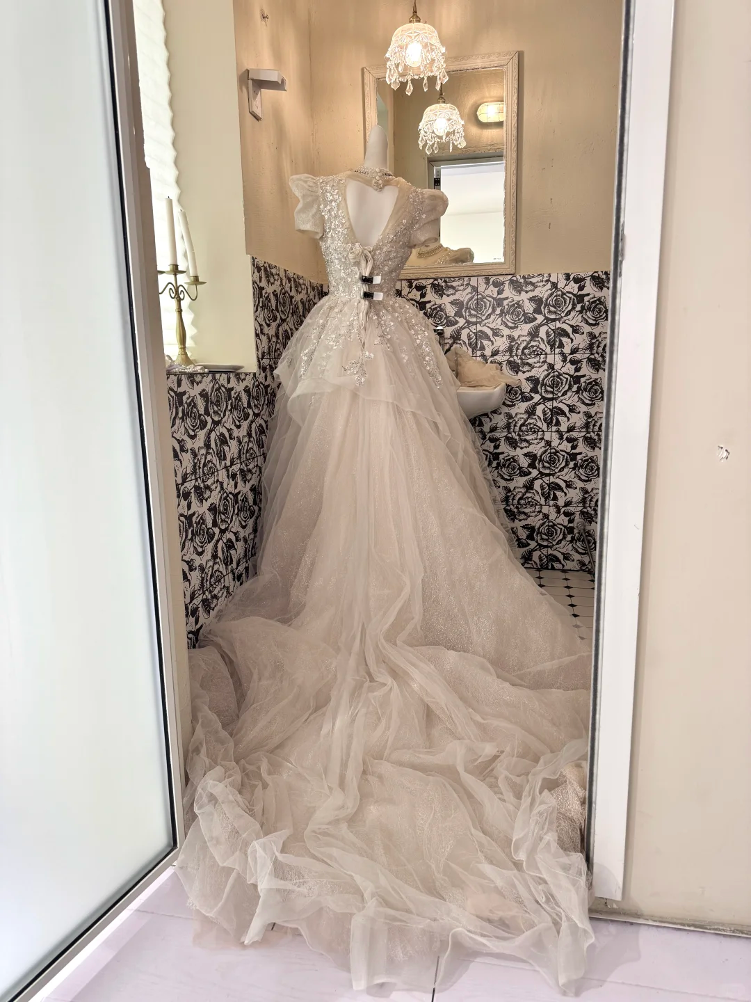 Ivory Short Sleeve Sequin Waist-Cinched Voluminous Princess Skirt Long Romantic Dress, Wedding Gown gh7780