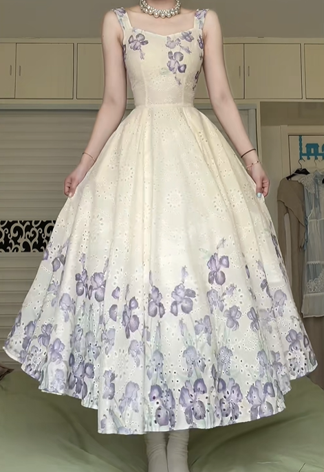 Ivory Purple Iris Print Midi Evening Gown, Square Sweetheart Neck Eyelet Embroidery A‑Line Formal Prom Dress gh8975