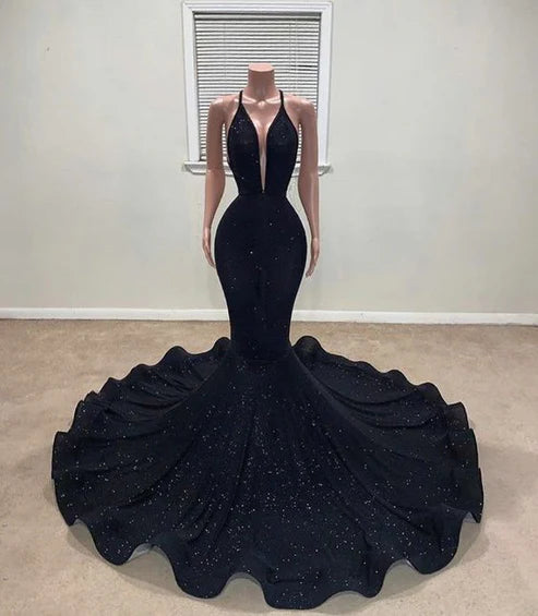 Robe de soirée sirène noire brillante, robe de bal, robe de soirée, gh4898