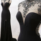 Robe de soirée sirène en tulle noir à col roulé et perles, robe de bal avec fentes (gh4897)