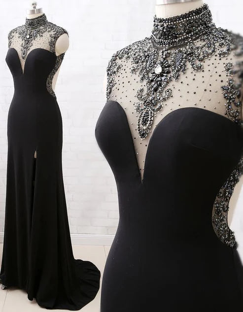 Robe de soirée sirène en tulle noir à col roulé et perles, robe de bal avec fentes (gh4897)