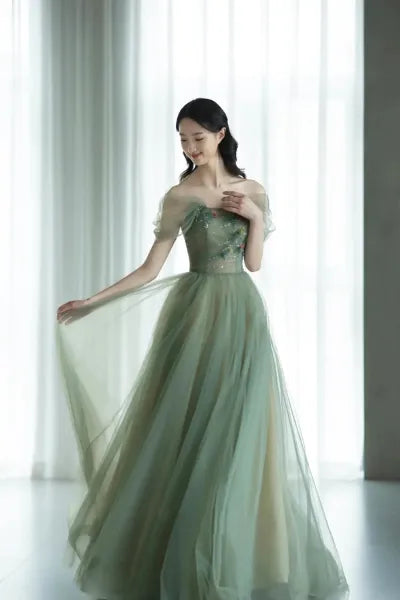 Grünes, wunderschönes, bezauberndes, langes Tüllkleid mit Blumenapplikationen, formelles Ballkleid, Abendkleid, Partykleid gh2530