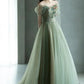 Grünes, wunderschönes, bezauberndes, langes Tüllkleid mit Blumenapplikationen, formelles Ballkleid, Abendkleid, Partykleid gh2530