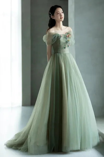 Grünes, wunderschönes, bezauberndes, langes Tüllkleid mit Blumenapplikationen, formelles Ballkleid, Abendkleid, Partykleid gh2530