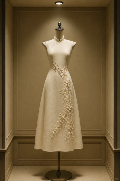 ✨Girlhomeshops-Cream Beige Pearl Floral Embroidery Cheongsam Qipao gh10450