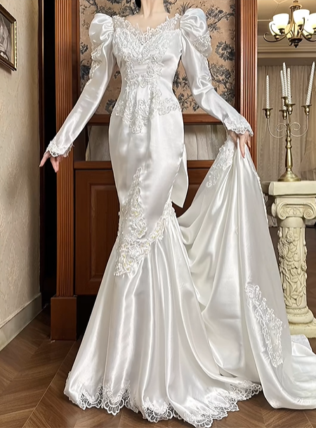 White Vintage Satin Mermaid Wedding Gown, V‑Neck Leg‑of‑Mutton Puff Long Sleeves, Lace Cuffs, Lace Appliqués Fitted Bodice, Floral Lace Embroidery Mermaid Skirt, Scalloped Lace Hem Long Train, Prom Dress gh8664