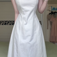 Off‑White Sleeveless Midi Dress, Keyhole Round Neck, Fitted Seam Waist, A‑Line Flared Skirt, Linen‑Textured Casual Formal Dress gh8929