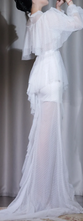 ✨Girlhomeshops-White Swiss Dot Mesh Mermaid Wedding Gown Mandarin Collar Bubble Sleeve Ruffle Bridal Dress gh10085