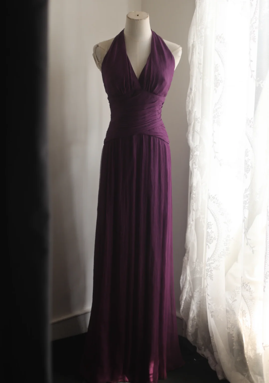 Deep Purple Halter V‑Neck Long Evening Gown, Cross Ruched Waist Flowy Chiffon A‑Line Bridesmaid Formal Dress gh9107