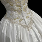 Short Sheer Sleeve White Satin Wedding Dress Heart Neck Gold Lace Embroidery Big Bow Princess Bridal Gown gh9556