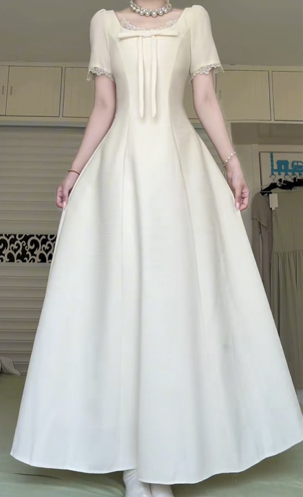 Ivory Vintage Square Neck Long Evening Gown, Short Lace Trim Sleeves Bow Ribbon Fitted A‑Line Floor‑Length Formal Prom Dress gh8978