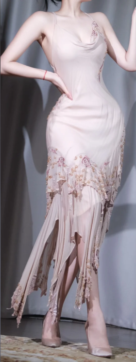 ✨Girlhomeshops-Nude Pink Cowl Neck Backless Floral Beaded Fringe Midi Party Dress gh10031