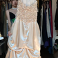 Champagne Spaghetti Straps Fully Sequin Beaded Satin Tiered Ruffle Long Evening Prom Dress with Bow gh9759