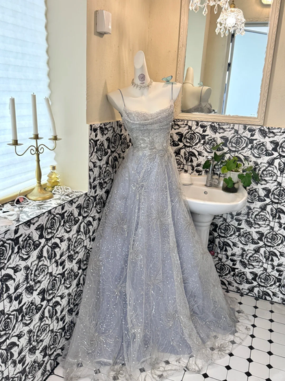 Light Grey Spaghetti Strap Waist-Cinched Full Flared Skirt Elegant Luxury Romantic Dress, Wedding Gown gh7679
