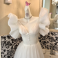 White Ruffled Spaghetti Straps Waist-Cinched Full Flared Skirt Romantic Dress, Wedding Gown gh7626