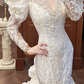 White Vintage Satin Mermaid Wedding Gown, V‑Neck Big Puff Short Sleeves, Sheer Lace Embroidered Long Sleeves, Full‑Body Lace Appliqués Fitted Mermaid Silhouette, Multi‑Layer Ruffle Tiered Mermaid Skirt, Prom & Wedding Dress gh8670