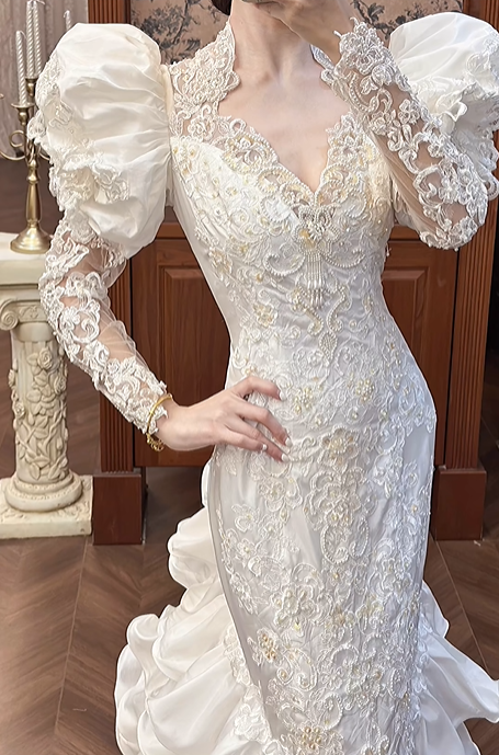 White Vintage Satin Mermaid Wedding Gown, V‑Neck Big Puff Short Sleeves, Sheer Lace Embroidered Long Sleeves, Full‑Body Lace Appliqués Fitted Mermaid Silhouette, Multi‑Layer Ruffle Tiered Mermaid Skirt, Prom & Wedding Dress gh8670