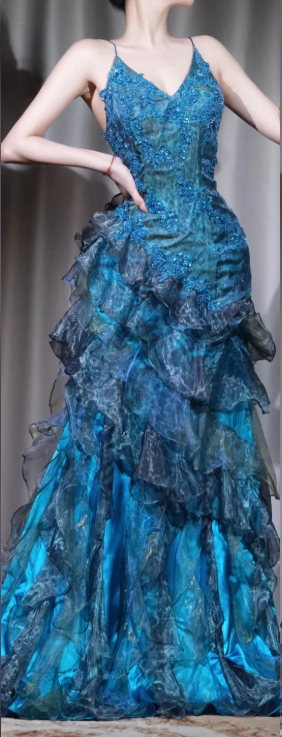 ✨Girlhomeshops-Peacock Blue Layered Ruffle Mermaid Prom Dress Beaded Lace Evening Gown gh9987