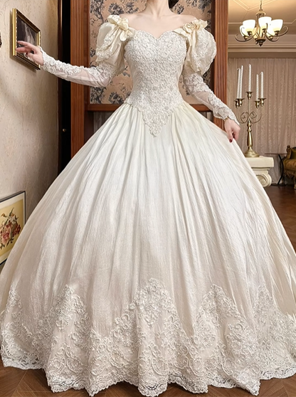 Ivory Vintage Wedding Ball Gown, Off‑the‑Shoulder Puff Short Sleeves With 3D Bows, Sweetheart Neck, Sheer Lace Long Sleeves, Beaded Lace Appliqués Fitted Bodice, Voluminous A‑Line Skirt With Scalloped Lace Hem, Prom Dress gh8659