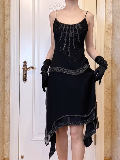 Black Vintage Gatsby‑Style Spaghetti‑Strap Midi Evening Dress, U‑Neck, Radiant Silver‑Grey Hand‑Beaded Bodice, Multi‑Row Beaded Waistband, Asymmetrical Double‑Layer Chiffon Hem, 1920s Flapper Party Gown gh8831