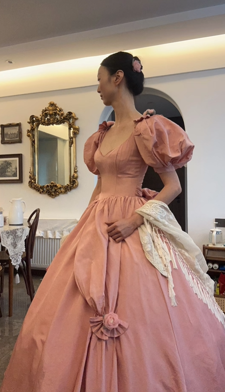 Vintage Pink Puff Sleeve Fitted Waist Princess Flared Skirt Prom & Evening Party Dress gh8498
