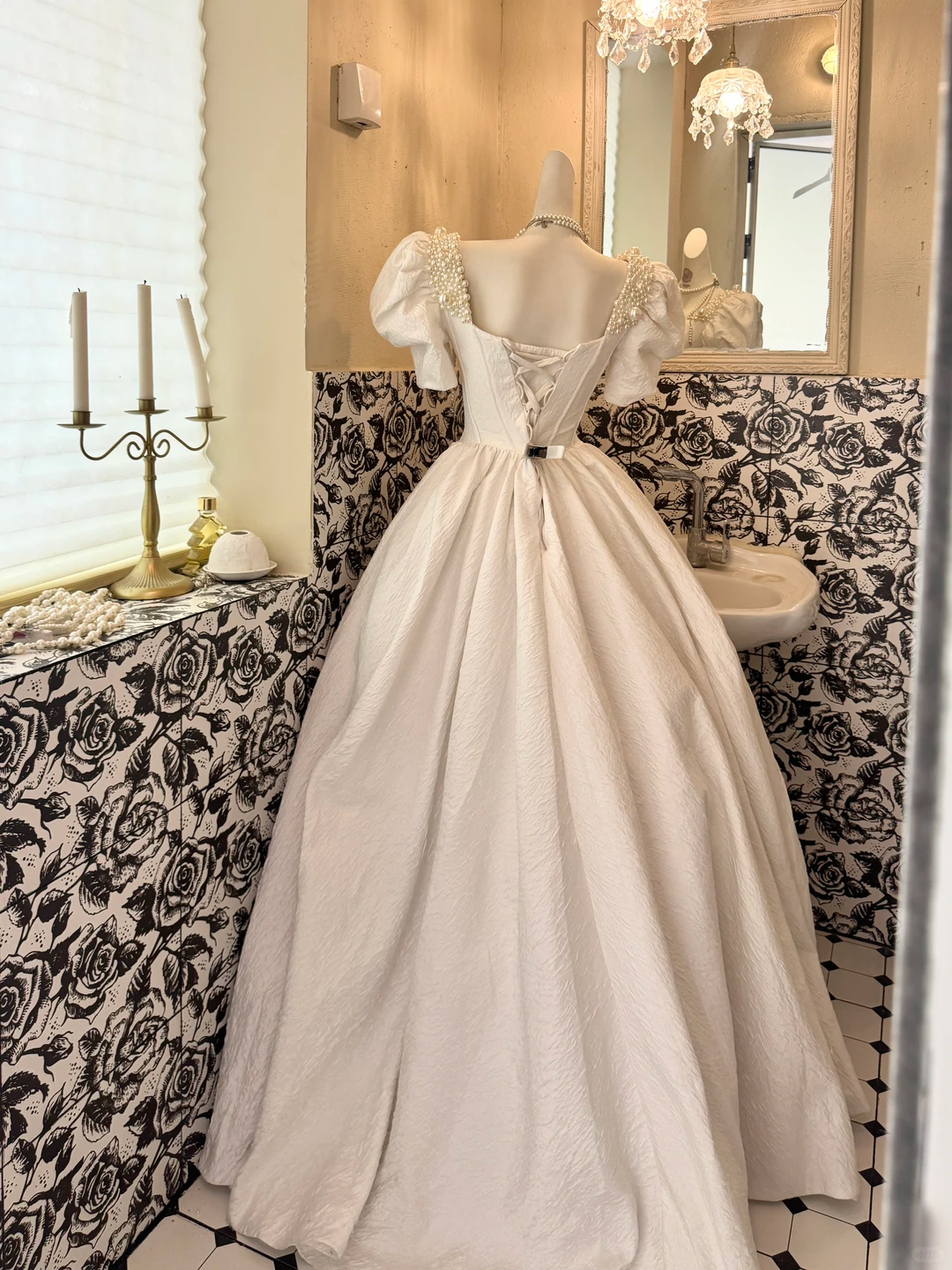 White Puff Sleeve Beaded Waist-Cinched Full Flared Long Vintage Romantic Dress, Wedding Gown gh7517