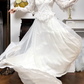 Ivory Vintage Lace High‑Neck Puff‑Sleeve Tie‑Cuff A‑Line Short Train Wedding Dress gh8774