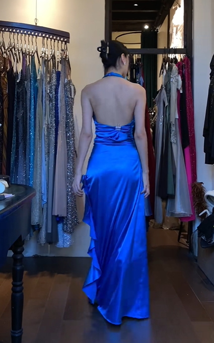 Halter Royal Blue Satin Evening Gown Deep V Ruched Side Ruffle Slit Long Prom Dress gh9707