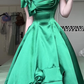Emerald Green Satin Midi Evening Gown, Square Neck Cap Sleeve Bow Decor A‑Line Formal Prom Dress gh9038