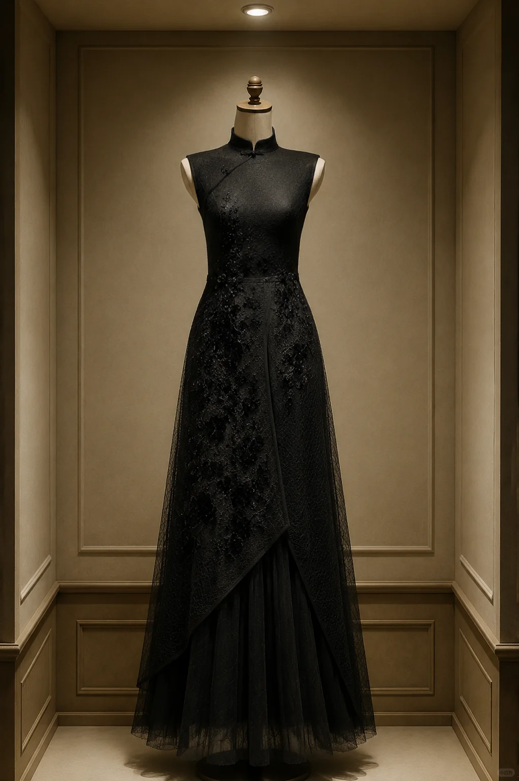 ✨Girlhomeshops-Black 3D Floral Irregular Tulle Overlay Qipao Cheongsam Evening Gown gh10389