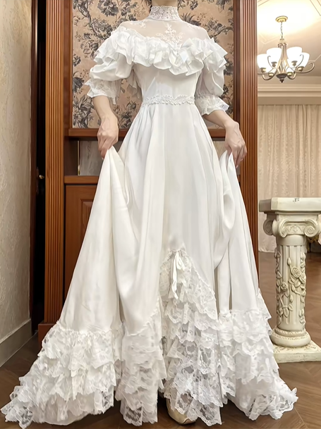 Ivory Vintage Victorian Wedding Gown, Lace High Neck Off‑the‑Shoulder Ruffle Puff Mid‑Sleeves, Lace Fitted Waist, Multi‑Tiered Ruffled Lace Hem Long Train, Bridal Prom Dress gh8719