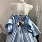 Dusty Blue Satin Long Evening Gown, Off Shoulder Ruffle Puff Sleeve V-Neck Pearl Waist Chain A-Line Ball Gown gh9268
