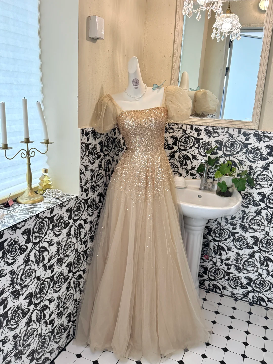 Gold Puff Sleeve Square Neck Waist-Cinched A-Line Skirt Elegant Luxury Romantic Dress, Wedding Gown gh7677