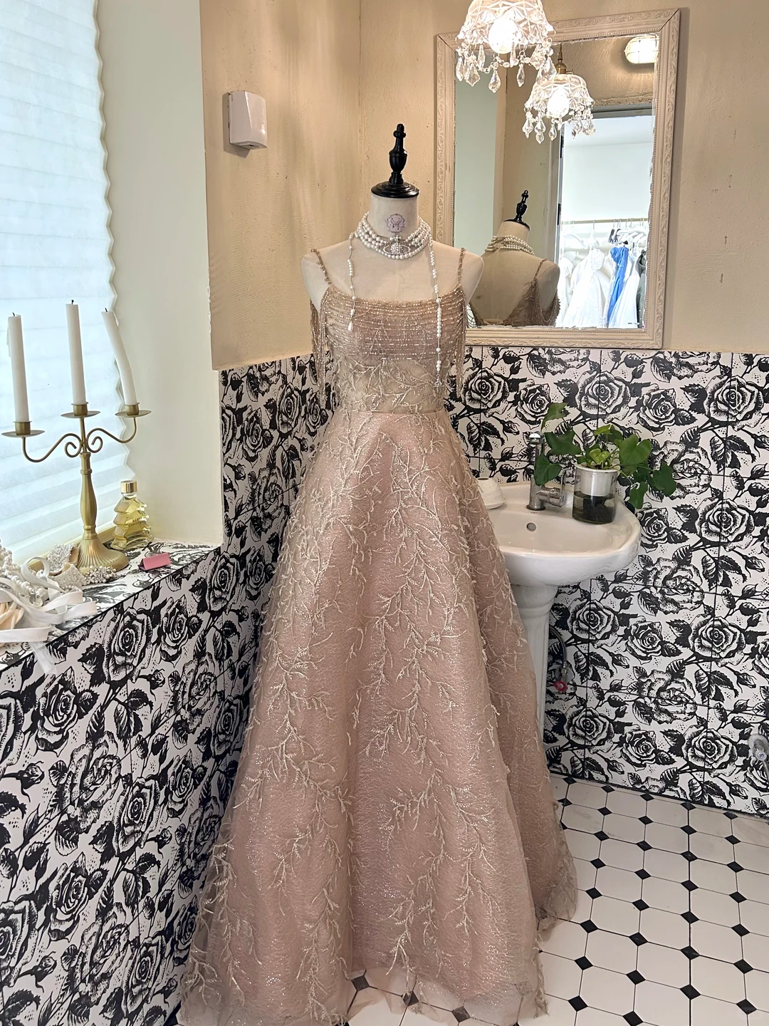 Light Pink Spaghetti Strap Waist-Cinched Full Flared Skirt Luxury Romantic Dress, Wedding Gown gh7667