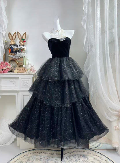 Black Velvet Long Evening Gown, Strapless Bodice Multi-Layer Glitter Tulle Cake Skirt Princess Prom Dress gh9278