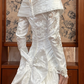 White Vintage Pleated Satin A‑Line Wedding Prom Dress, Off‑the‑Shoulder Folded V‑Neck, Twisted Pleated Long Sleeves, Baroque Lace Appliqués gh8714