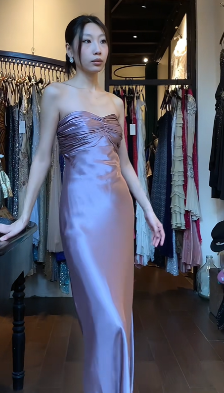 Strapless Lavender Satin Evening Gown Sweetheart Neck Ruched Bodice Mermaid Long Prom Dress gh9689