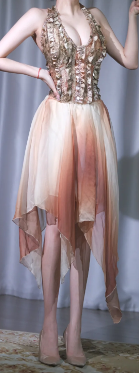✨Girlhomeshops-Vintage Halter Two Piece Prom Gown Beaded Corset Gradient Orange Irregular Tulle Dress gh10090