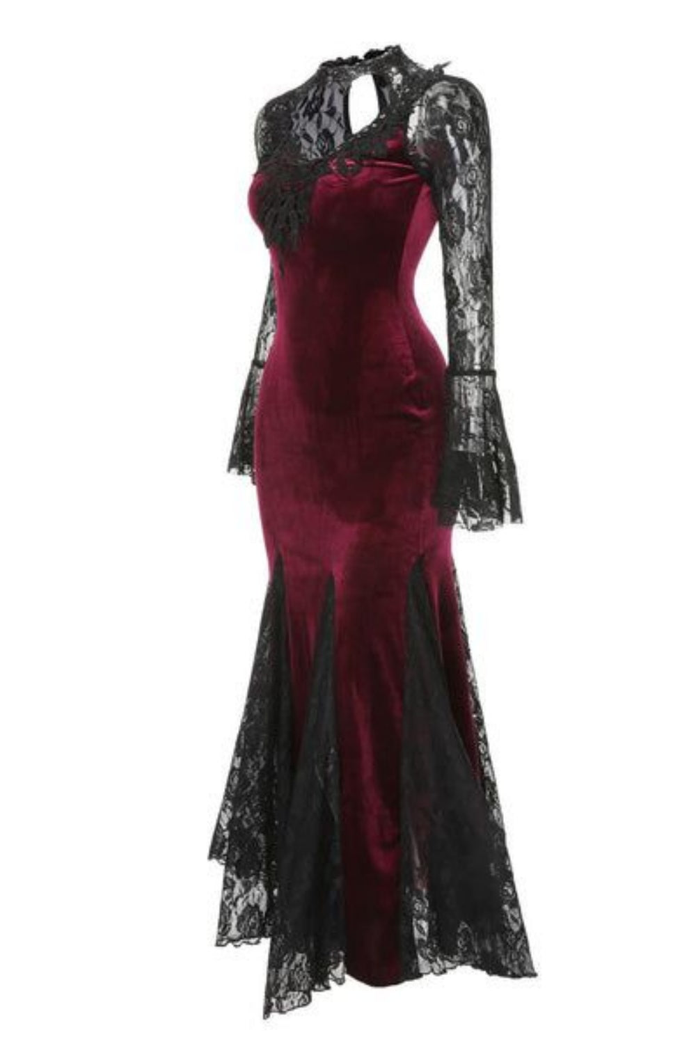 girlhomeshops-Burgunderrotes, langärmliges Gothic-Spitzenkleid aus Samt, Ballkleid, Abendkleid gh5813