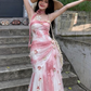Pink White Tie-Dye Spaghetti Straps Waist-Cinched Fitted Sexy Mermaid Long Evening Dress, Fairy Gown, Romantic Gown gh7430