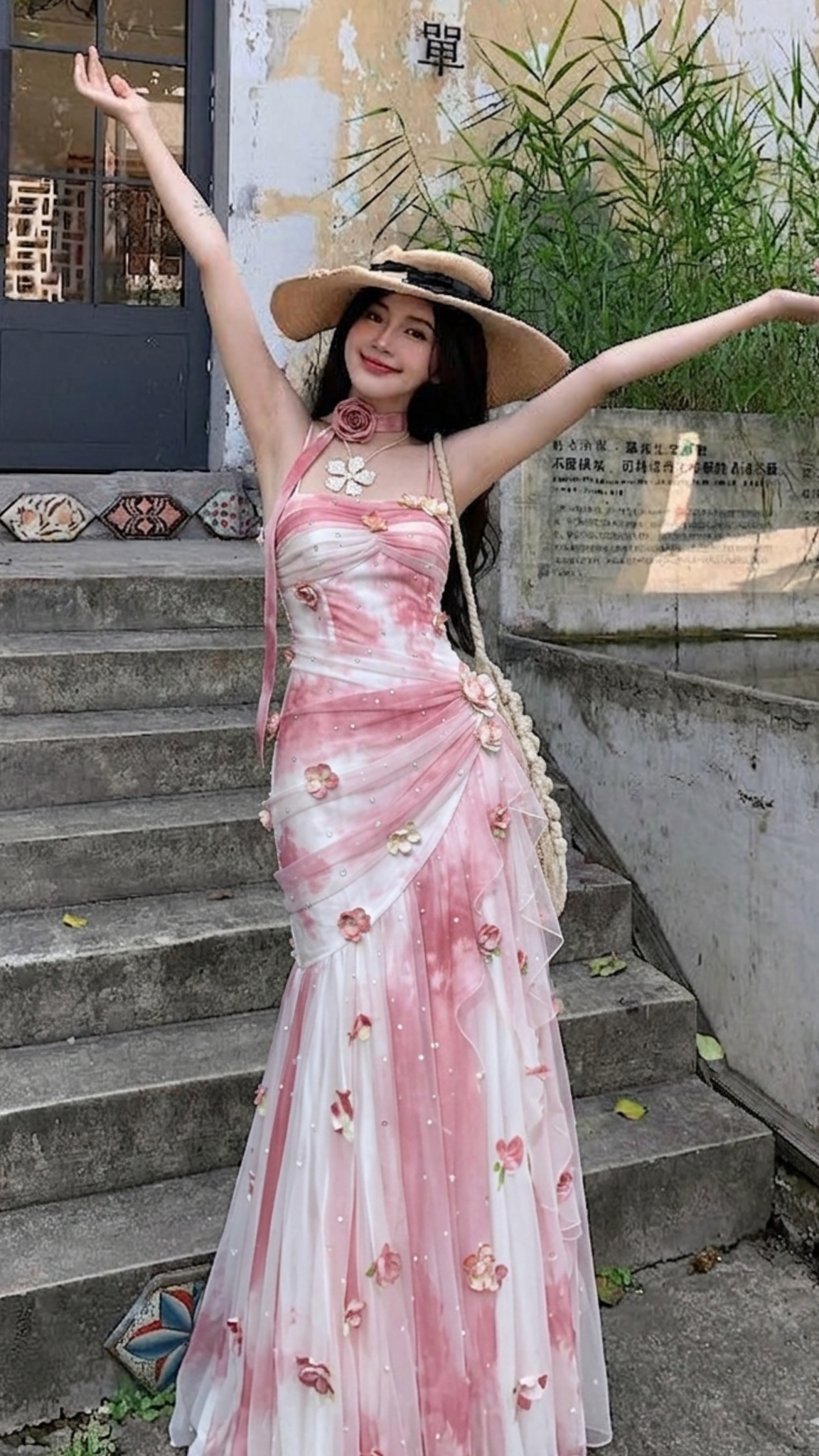 Pink White Tie-Dye Spaghetti Straps Waist-Cinched Fitted Sexy Mermaid Long Evening Dress, Fairy Gown, Romantic Gown gh7430