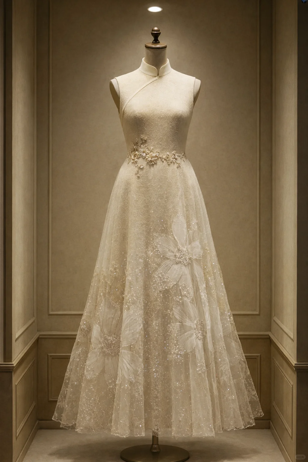 ✨Girlhomeshops-Ivory Sleeveless Qipao A-Line Wedding Dress with 3D Beaded Floral Tulle Skirt gh10526