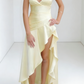 Light Yellow Satin Spaghetti Strap Maxi Dress - V-Neck Ruffle High-Slit Garden Party/Beach Vacation/Light Evening Dress gh6996