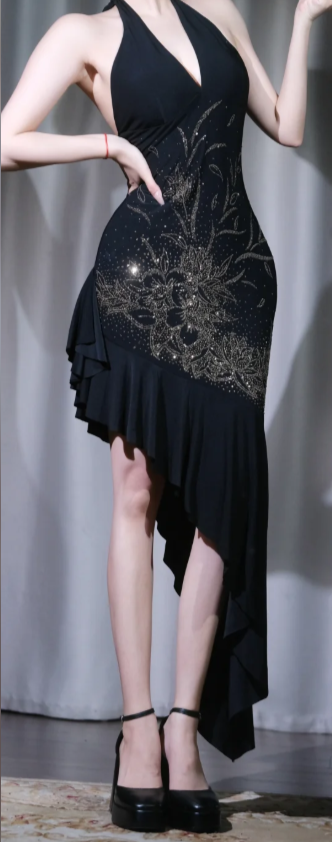 ✨Girlhomeshops-Black Halter Prom Dress Gold Rhinestone Floral Asymmetrical Ruffle Evening Gown gh9964