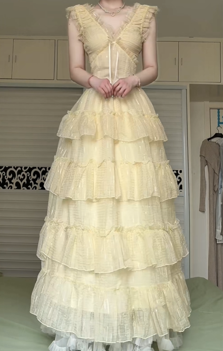 Pale Yellow V‑Neck Sleeveless Long Evening Gown, Ruffle Tulle Tiered Cake Skirt Formal Prom Dress gh9028